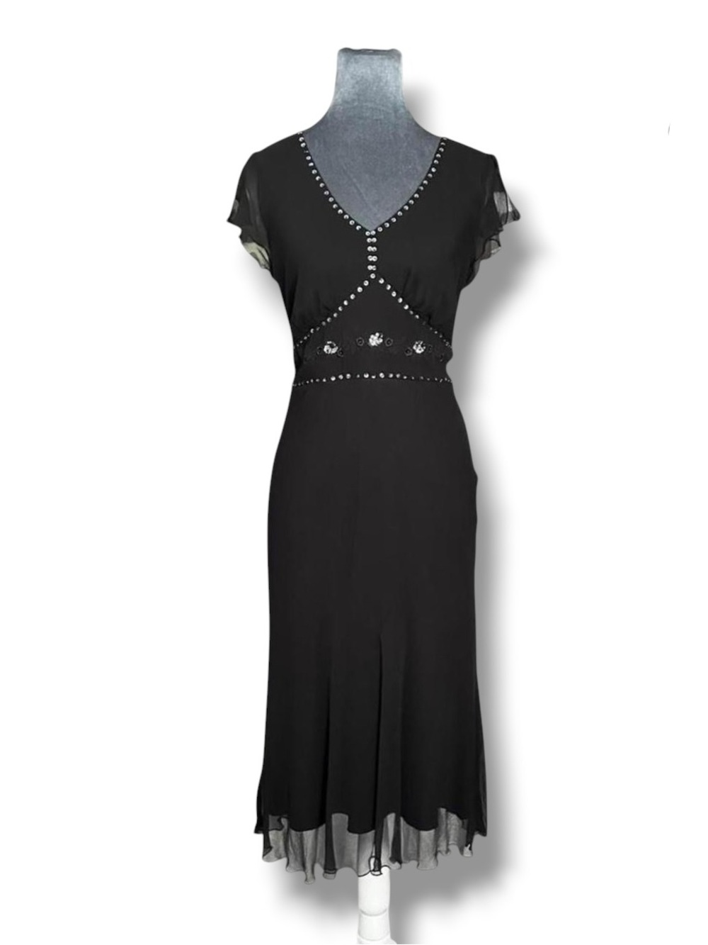 100% Silk Chiffon Beaded Embroidered Black Midi Dress 6 HI Studio Y2K Whimsigoth